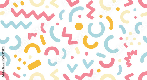 Colorful abstract memphis style shapes pattern isolated on transparent background