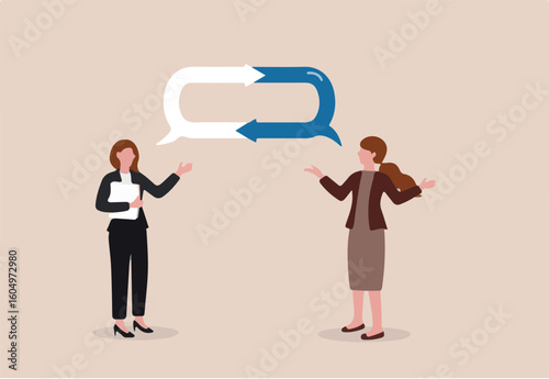 Listen to team feedback to improve work quality, communication skill or client relationship, ask and answer question for idea development concept, cheerful businesswomen share feedback for improvement