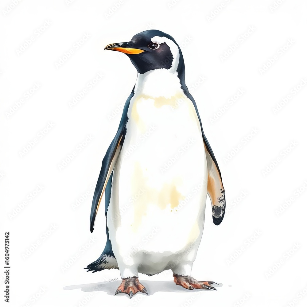 Obraz premium A tall and proud penguin on a white background is an illustration of an exotic bird. Watercolor illustration