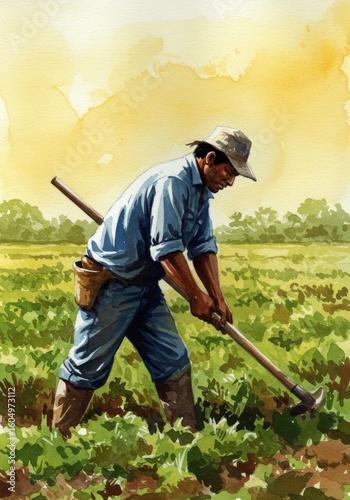 Farmer Tilling the Field - A farmer works diligently in his field, using a traditional hand tool to cultivate the land. The scene is bathed in the warm glow of the setting sun