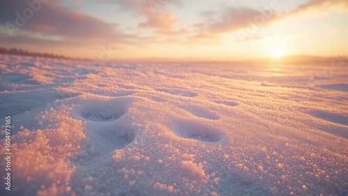 Winter sunrise illuminating fresh snow with a gentle light creating a peaceful and serene landscape