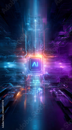 A futuristic abstract technology background with neon lights and glowing circuit lines