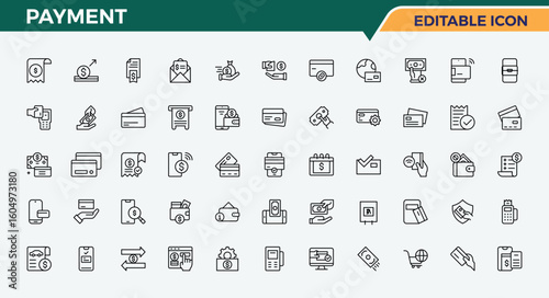 Payment line icon set. Minimal thin line web icons set. It contains symbols to currency, finance, money, exchange, bank, wallet, credit. Editable vector. Pixel perfect. Account icon set.