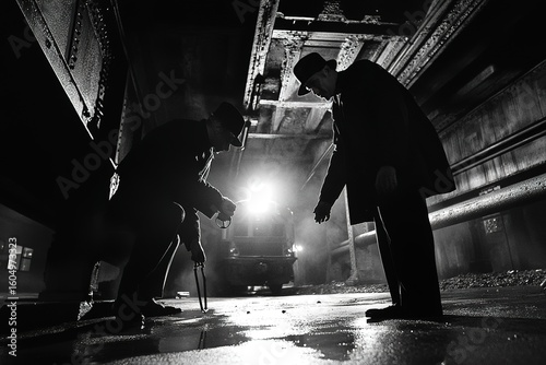 noir detective handcuffing suspect under train bridge