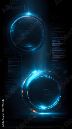 A futuristic and sleek abstract digital technology design featuring circular panels with glowing blue light beams
