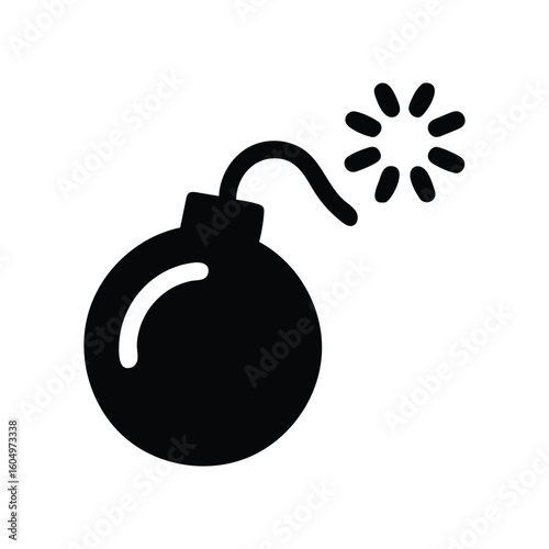 Simple black silhouette icon of a round bomb with a lit fuse and sparks on a white background