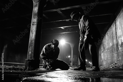 noir detective handcuffing suspect under train bridge