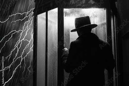 noir detective in phone booth during thunderstorm