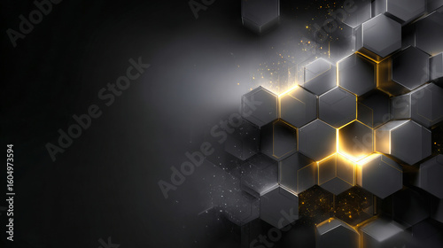 A futuristic abstract background with dark gray and yellow hexagons, abstract technology concept