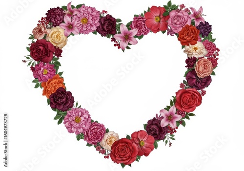 Floral Heart Frame - A heart-shaped arrangement of various colorful flowers, perfect for Valentine's Day or romantic occasions