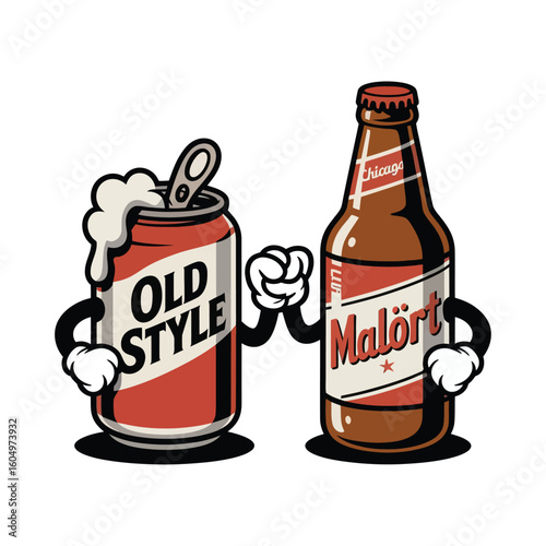 It depicts: An "Old Style" beer can with a little foam spilling out and a "Malört" bottle, two iconic Chicago drinks.