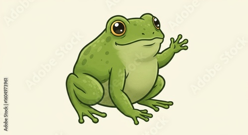 Friendly Green Frog Cartoon - Adorable cartoon illustration of a cheerful green frog waving hello. Perfect for children's books, websites, or educational materials