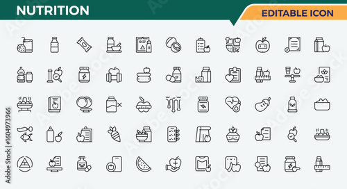 Nutrition icon collection. Vitamin linear icon collection. Minimalist linear icons. Contains related to nourishment, nutrient, vitamin, metabolism and more. Editable stroke. Vector collection.