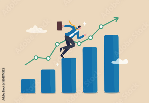 Business growth, challenge to success, career growing achievement, ambition or aspiration to achieve goal, development effort, improvement or winner step concept, businessman running up growth chart.