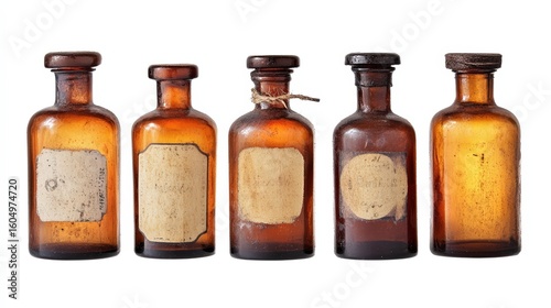 Antique Amber Glass Pharmacy Bottles Collection on White Background