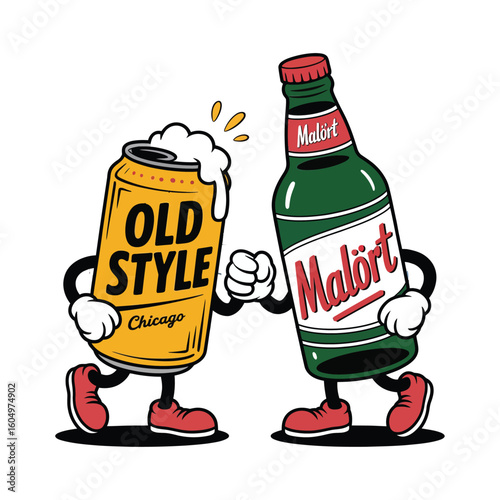 It depicts: An "Old Style" beer can with a little foam spilling out and a "Malört" bottle, two iconic Chicago drinks.