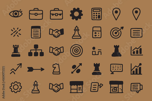 Collection of hand drawn business and finance icons on textured brown background