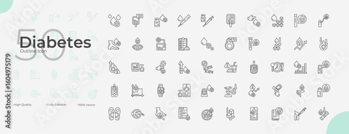 Diabetes Line Editable Icons set. Vector illustration in modern thin line style of Diabetes icons: insulin, nerve, cardiovascular, etc