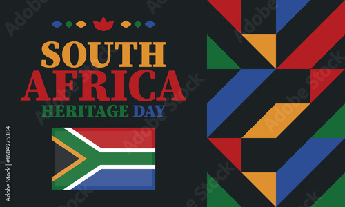 South Africa Heritage Day. Happy holiday. Celebrate culture and traditions of nation. South African flag. Poster with illustration. Pattern design. Vector