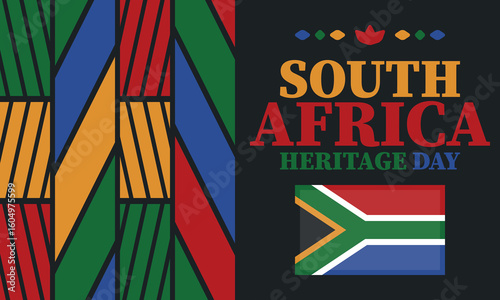 South Africa Heritage Day. Happy holiday. Celebrate culture and traditions of nation. South African flag. Poster with illustration. Pattern design. Vector