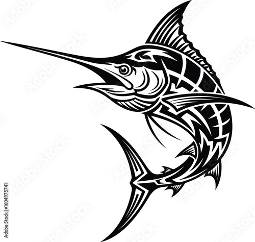 marlin fish tattoo. Black and white vector graphic for fishing sport logo.