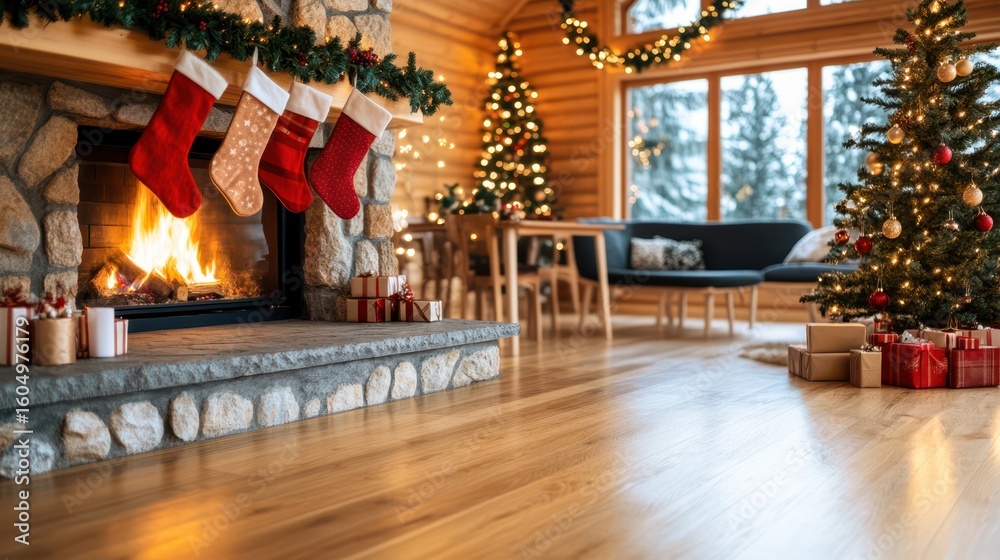 Fototapeta premium Cozy Christmas Cheer: A warm and inviting living room decorated for the holiday season, centered around a lit fireplace with stockings, a decorated Christmas tree, and gifts.