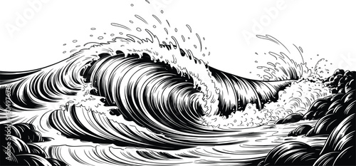 Ocean Wave Illustration, Powerful Sea Surf Vector Artwork.