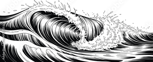 Ocean Wave Illustration, Powerful Sea Surf Vector Artwork.