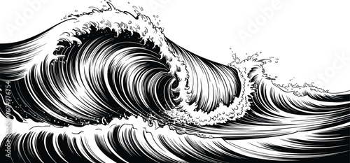 Ocean Wave Illustration, Powerful Sea Surf Vector Artwork.
