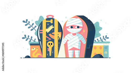 Vector flat style cute halloween mummy and egyptian sarcophagus concept for fun spooky celebration illustration with copy space