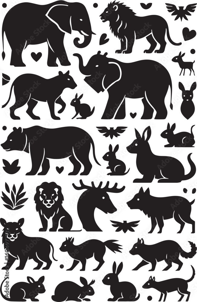 Naklejka premium Diverse animal silhouettes with decorative elements elephant lion