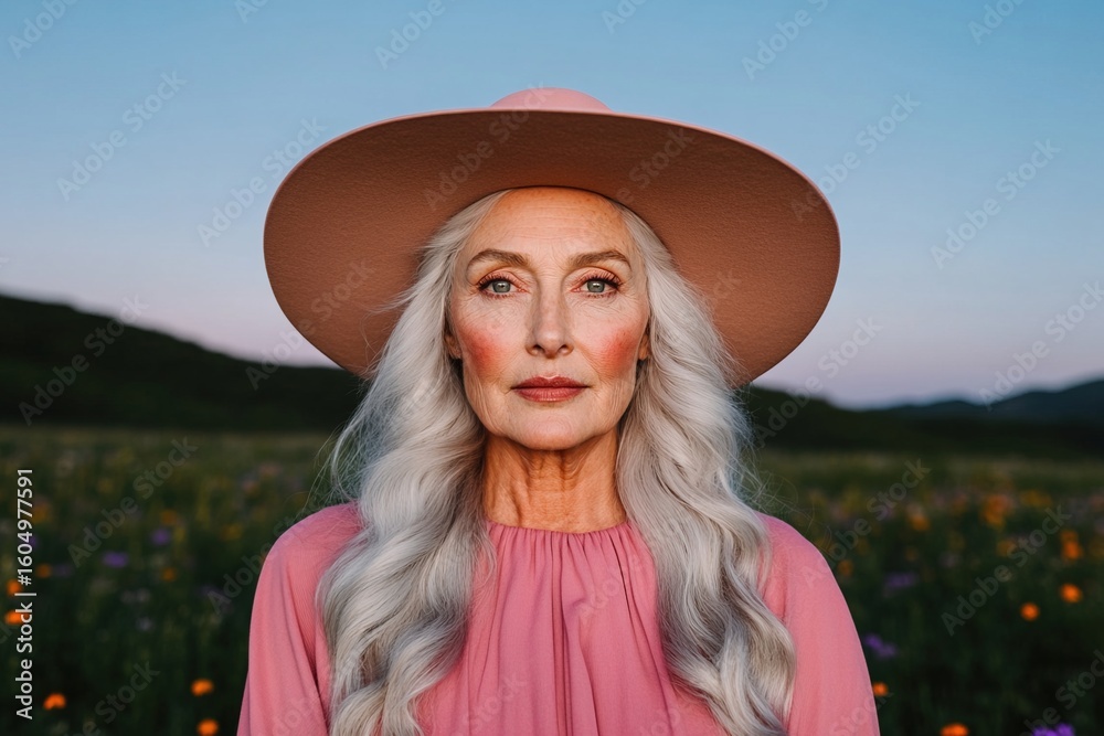 Obraz premium Senior woman embraces tranquility in wildflower field during golden hour