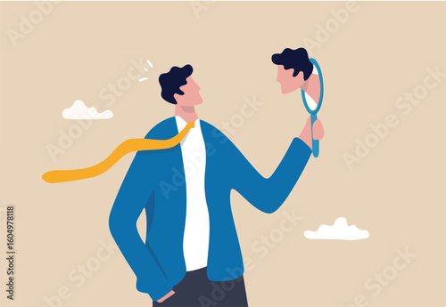 Self awareness, aware of different aspect of self, behaviors and feelings, psychology state of oneself becomes focus of attention, businessman found himself from mirror thinking about self awareness.