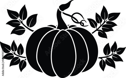 Elegant Black and White Pumpkin Illustration with Decorative Leaves for Autumn and Halloween Themes