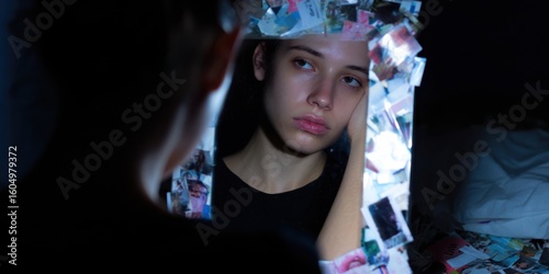 Young woman reflects on identity in dark room with chaotic collage backdrop