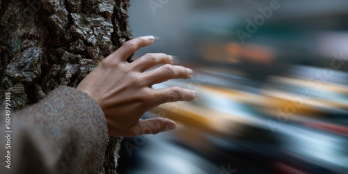 Person touches tree bark while busy city traffic rushes by