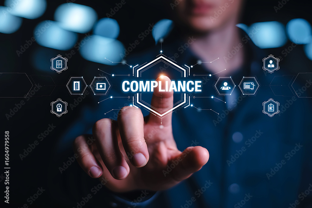 Naklejka premium Person touching digital screen displaying compliance and business icons
