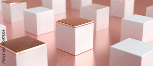 Symmetrical arrangement of clean white boxes on reflective rose gold surface