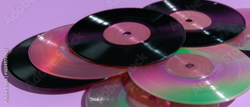 Vibrant ultra-glossy vinyl records create energetic design backdrop