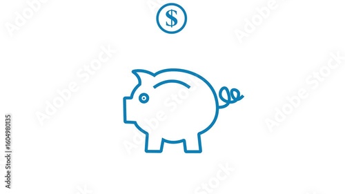 Blue Background Piggy Bank Animation – Glowing Line Icon for Finance 4K