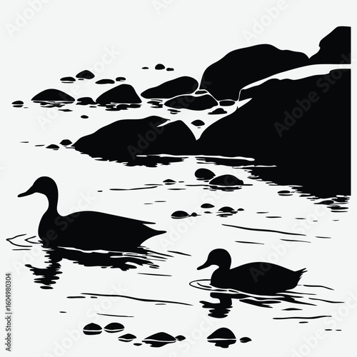 Ducks swimming in tide pool image silhouette design vector art and illustration