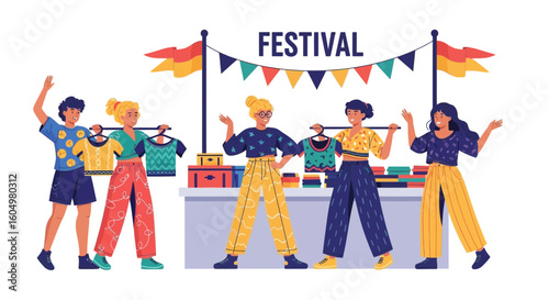Cheerful Vendors Selling Stylish Apparel At An Outdoor Clothing Market
