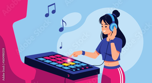 Cheerful Woman Composing Rhythmic Tune with Drum Machine in Creative Studio