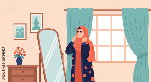 Cheerful Woman Adjusting Her Hijab In The Morning Light By The Window Illustration