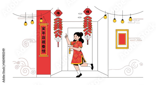 Cheerful Woman Celebrating Chinese Lunar New Year In Traditional Dress Inside Home