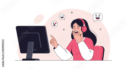 Cheerful Woman Enjoying Online Media With Expressive Emoticons And Technology
