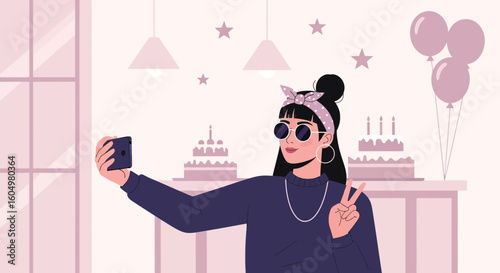 Cheerful Young Woman Taking Birthday Party Selfie with Peace Sign Gesture
