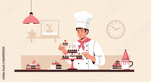 Chef Finishes Cake Decoration At Patisserie Or Confectionery Shop Presentation