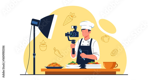 Chef Is Recording The Process Of Cooking On Camera For Culinary Vlog