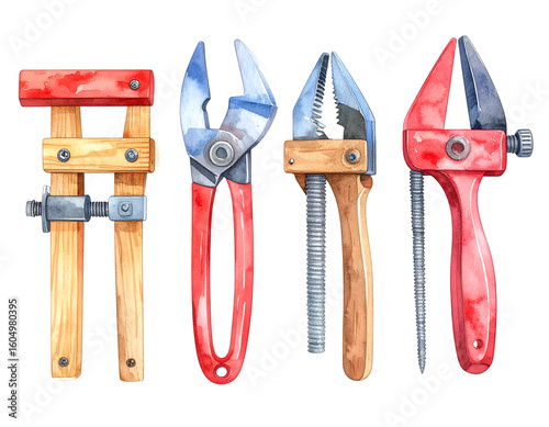 Watercolor Painting of Hand Tools on Transparent Background